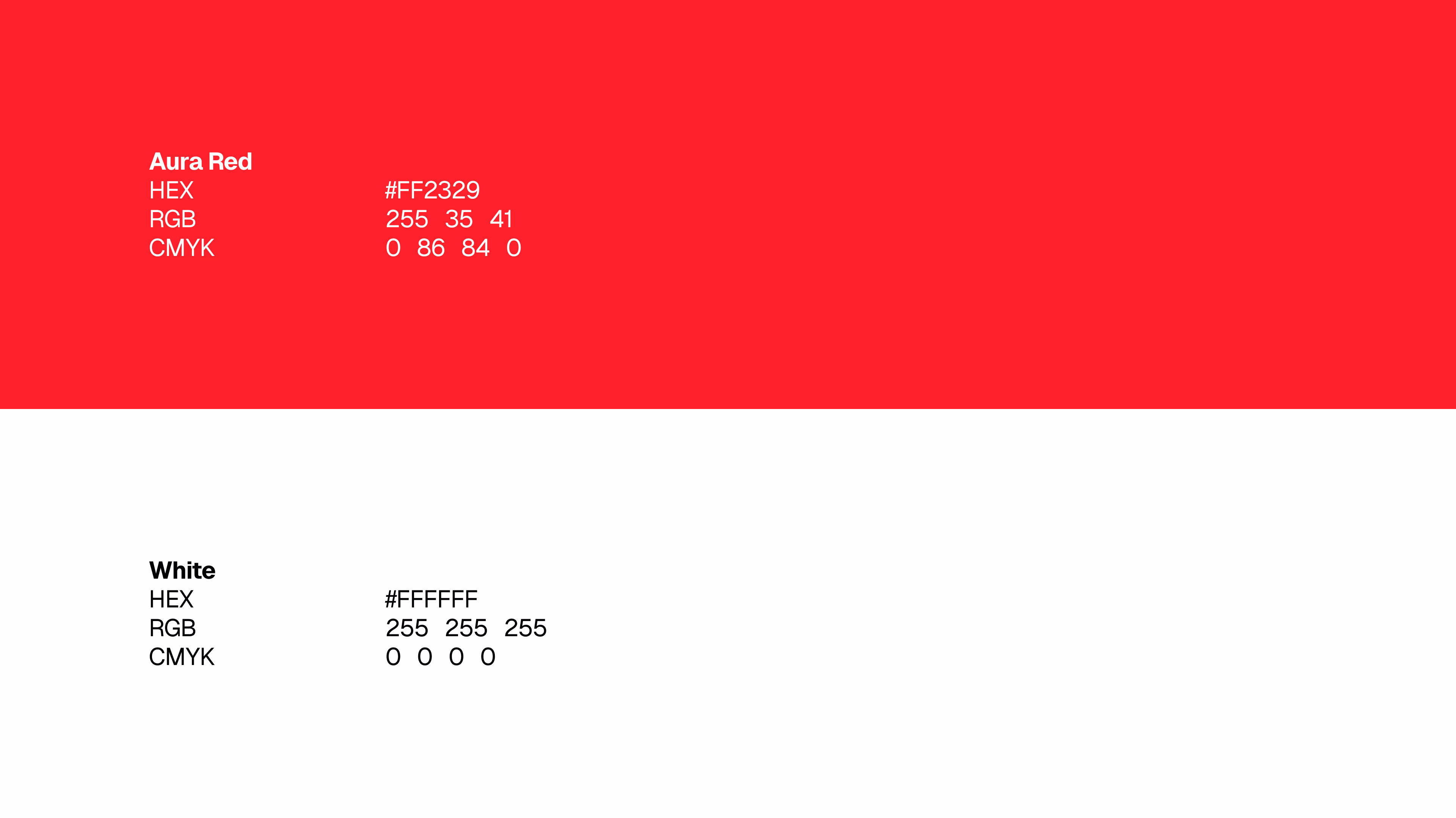 Aura — Brand color palette: Aura Red and White with specifications